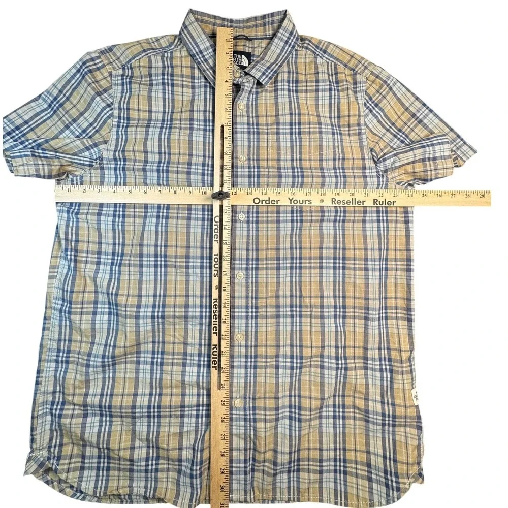 North‎ Face Men's XL Plaid Short Sleeve Button Front Shirt Blue Tan Cotton Blend